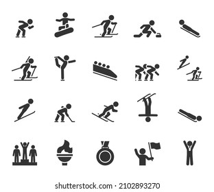 Vector set of winter sports flat icons. Contains icons speed skating, figure skating, snowboarding, alpine skiing, biathlon, curling, hockey, ski jumping, medal and more. Pixel perfect.