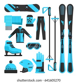 Vector set of winter sports flat icons. Skiing, skating and snowboarding outfit and ski resort equipment design elements isolated on white background.