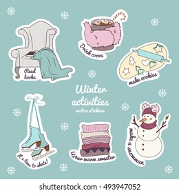 Vector Set Of Winter Stickers. Winter Activities.