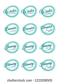 Vector set of Winter stickers with related words and circle snowy borders on white background.