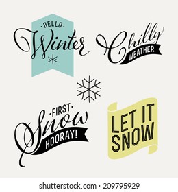 Vector set of winter themed decorative elements with phrases | Collection of vector scrapbook decoration elements | Winter word art about snow, fun and having a good time