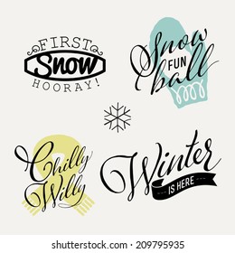Vector set of winter themed decorative elements with phrases | Collection of vector scrapbook decoration elements | Winter word art about snow, fun and having a good time