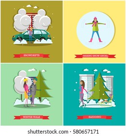 Vector set of winter time concept posters, banners. Snowdrifts, Making snow angel, Winter walk and Sledding design elements in flat style.