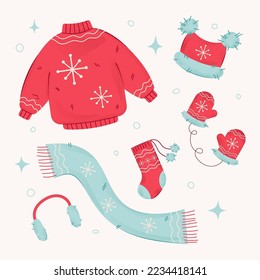 vector set of winter warm clothes with watercolor effect

