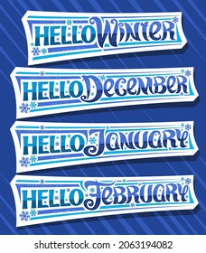 Vector set for Winter, white logos with curly calligraphic font, illustration of falling snow flakes and decorative stripes, collection of cut out tags with unique brush lettering on blue background.