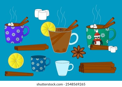 Vector set of winter-themed hot beverages with cinnamon, lemon, marshmallows, and spices. Perfect for Christmas and New Years designs.