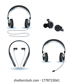 Vector set of wireless and corded headphones, earphones. Realistic black headphones music accessories isolated on white background.