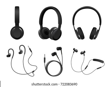Vector set of wireless and corded headphones, earphones. Realistic black headphones music accessories isolated on white background.