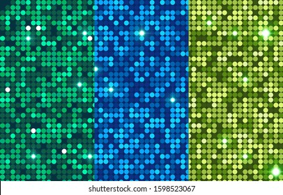 Vector set wirh 3 disco glitter patterns with blue and green colors