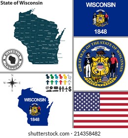 Vector Set Of Wisconsin State With Seal And Icons On White Background