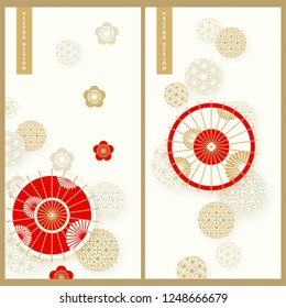 vector set wit two cards with japanese traditional umbrellas and temari balls. design for business, products, print, cards