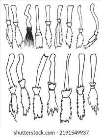 Vector Set of  Witch broom Stick Doodle art collection isolated on white background. Halloween Elements Set of different witch brooms sticks.