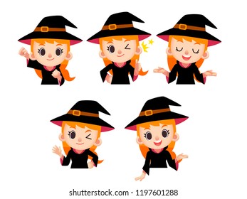 Vector set of witch character in different actions isolated on white background
