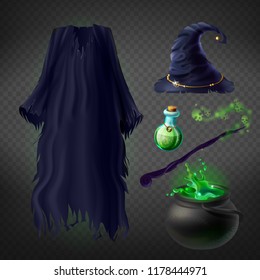 Vector set with witch costume for Halloween party and magical accessories isolated on transparent background. Wizard dress and hat, boiling cauldron with poison, magic wand and flask with potion