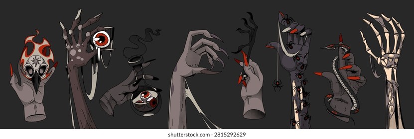 Vector set of witch hands holding magic items. Scary female fingers with spooky snake, chicken foot, human eye and potion, mystic witchcraft symbols, skeleton and zombie for Halloween horror design