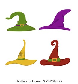 Vector set of witch hats in different colors. Halloween concept. Isolated objects on white background.