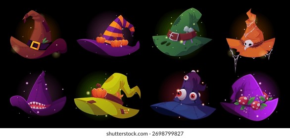 Vector set of witch hats of different shapes and colors, with pumpkin, spider web, fly agaric, eyes and glowing particles. Creepy headdress for Halloween. Vector illustration on black background.