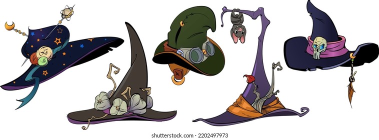 vector set of witch hats for Halloween holiday.Bat,garlic,moon and stars for masquerade on fear night.