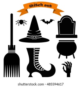 Vector set of witch items. Broom, hat, cauldron for a witch brew. Design elements for halloween party poster. Flat cartoon illustration. Objects isolated on a white background.