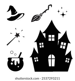 Vector set of witch magic. Set on the theme of magic, witchcraft. vintage black and white halloween. Potion, magic broom, witch hat, castle, silhouettes vector.