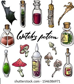 Vector set with witch potion ingredients: bat wing, glass bottles with multicolor liquids, poisoned mushrooms (fly agaric, grebe). Lettering. Halloween , fairy tale design. Isolated on white.