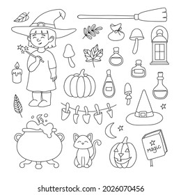 Vector set with a witch, pumpkins, a broom, a cat, mushrooms, potions, a cauldron, a book, candles and herbs. A contour set in the doodle style for the Halloween holiday for printing on fabric, etc.