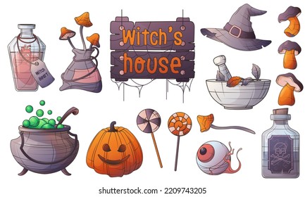 Vector set of witchcraft illustration isolated on white. Witch hat, poisons, cauldron. Mushroom, pumpkin. Signboard for witch's house. For Halloween design. Halloween props.