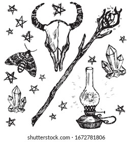 conjunto vectorial de brujería y símbolos y signos de boceto de época oculta - negro en el fondo blanco