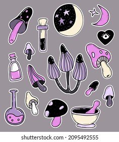 Vector set of witchcraft stickers. Bottles and flasks with potions and love spells, magic mushrooms and witchs amulets, the moon with stars and mortar. Isolated illustration.