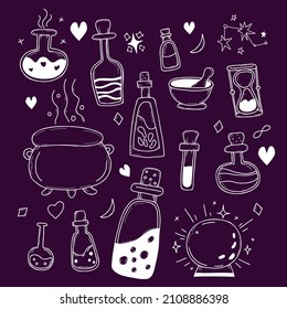 Vector set of witchcraft. witchs items are bottles with potions and love spells, magic ball and witchs cauldron, an hourglass and mortar, constellations and moon. Linear hand doodle, outline