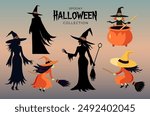 Vector set of witches. Silhouette of a witch, cartoon witch. Witchcraft. Witch on a broom. Halloween concept