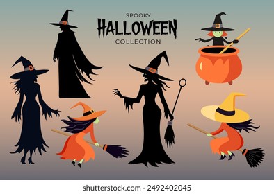 Vector set of witches. Silhouette of a witch, cartoon witch. Witchcraft. Witch on a broom. Halloween concept