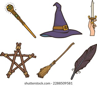 Vector set of witch's hats, broom, hat, wand., Witchcraft and magic.