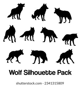 Vector set of wolf illustration. silhouette of wolves isolated on white background. icon sheet of a wolf. icon pack of a black wolf.