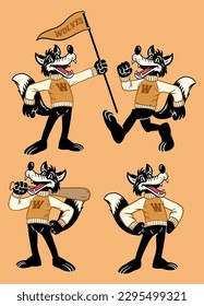 vector Set of Wolf Sport Mascot in Vintage Retro Hand Drawn Style