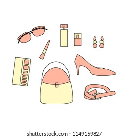 Vector set of woman accessories. Set with bag, shoes, belt, earring, make-up products, perfume bottles and sunglasses.