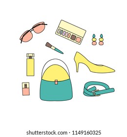 Vector set of woman accessories. Set with bag, shoes, belt, earring, make-up products, perfume bottles and sunglasses.