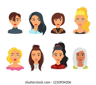 Vector set of woman avatar with different emotions and hairstyle. Female portrait.