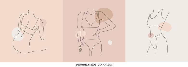 Vector set of woman body line art illustration. Minimalist female figures, lingerie posters, cards, social net posts. Abstract nude sensual line art. Women body silhouettes, nude colors. Body positive