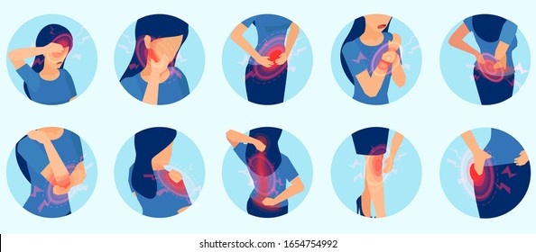 Vector set of a woman with body pain, joint inflammation, headache 