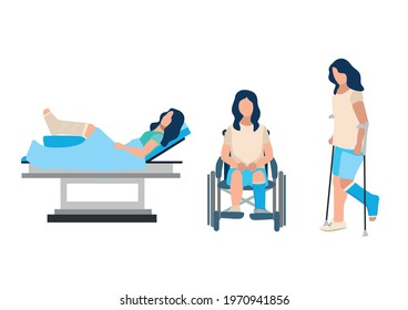 Vector set of a woman with a broken leg in the hospital. A girl with a plaster cast leg lies on the bed, sits in a wheelchair, walks on crutches.