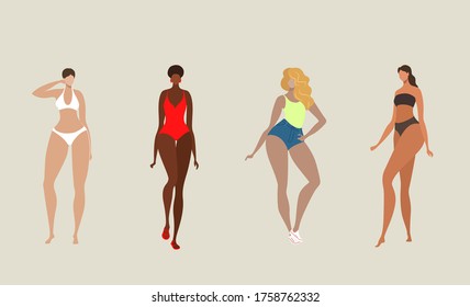 Vector set of woman character models, girl in a swimsuit standing pose 
