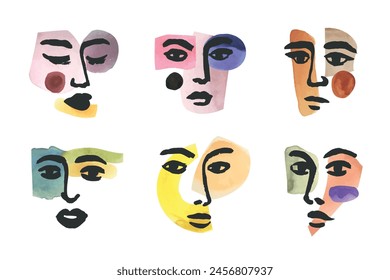 Vector set of woman collage faces, ink hand drawn portraits with painting. Creative fashion concepts, prints, cubism illustration. 