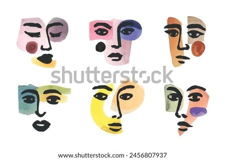 Vector set of woman collage faces, ink hand drawn portraits with painting. Creative fashion concepts, prints, cubism illustration. 