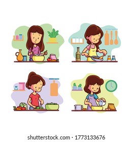 vector set of woman cooking food in the kitchen illustration, people cooking design concept