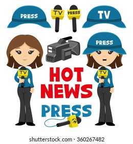 Vector set. Woman correspondent, microphones, video camera, helmets and inscription hot news and press