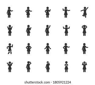Vector set of woman different gestures flat icons.