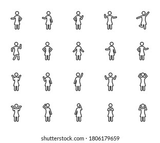 Vector set of woman different gestures line icons.