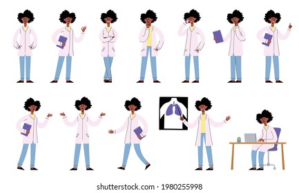Vector set of woman doctor with various poses and gestures