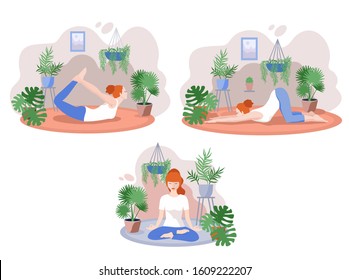 Vector set of woman doing yoga at cozy home by pots with plants.Yoga at home, yoga mat, plants. Vector set of woman doing yoga at cozy home by pots with plants. 